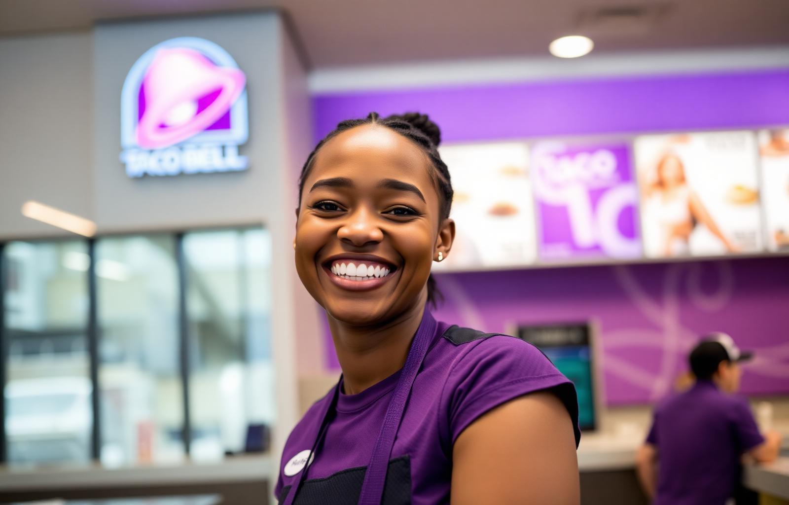 Taco Bell crew member smiling in restaurant